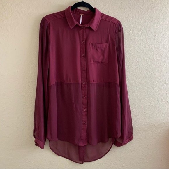 FREE PEOPLE Semi Sheer Burgundy Button Up Blouse S - Picture 2 of 8